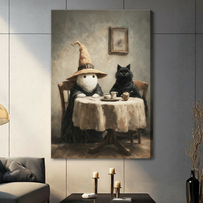 Gallery wrap stretched canvas of a cute white ghost wearing a black wizard cloak and a tilted oversized witch hat sharing afternoon tea with a stern fluffy black cat at a round table with a cream cloth white porcelain cups and a teapot whimsical dark academia oil painting on warm aged interior background hung frameless on a gray tile wall