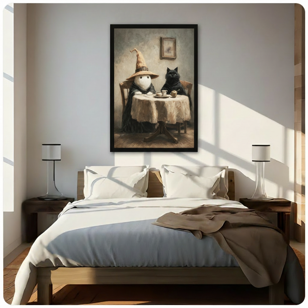 Black framed atmospheric whimsical oil painting of a white ghost in a black wizard cloak and tilted wide-brim witch hat enjoying afternoon tea with a stern fluffy black cat at a round table with white teacups saucers and teapot dark academia vintage canvas wall art hung in bright diagonal sunlight above a dark wood bed with white linen bedding