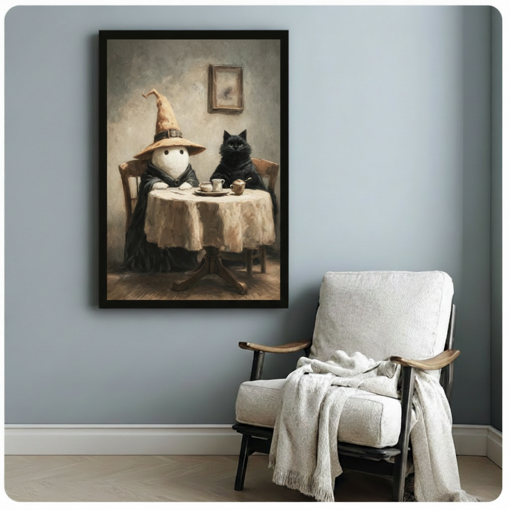 Black framed charming whimsical oil painting of a ghost wizard in a black robe and lopsided pointed hat having tea with a grumpy fluffy black cat at a draped table with white teacups and a teapot dark academia vintage interior canvas print hung on a soft blue-gray wall beside a white linen folding chair with a cream knit throw