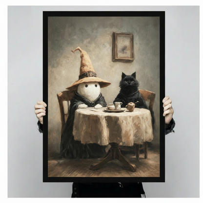 Two hands holding a large black framed whimsical dark academia oil painting of a round white ghost in a black wizard robe and crooked witch hat seated at a tea table with a cold-eyed fluffy black cat white porcelain teacups and a teapot on a cream tablecloth vintage interior canvas art print, front-facing vertical product size display