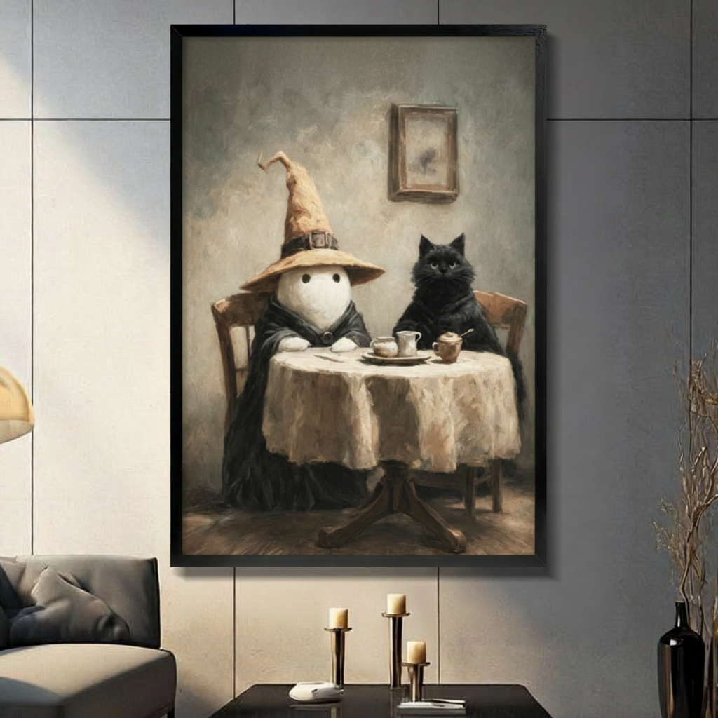 Black framed whimsical dark academia oil painting of a round-faced white ghost in a black wizard robe and crooked wide-brim witch hat sitting at a tea table with a fluffy black cat beside white teacups saucers and a teapot on a cream tablecloth vintage interior background canvas wall art displayed in a modern gray living room with dark sofa and metal candlesticks