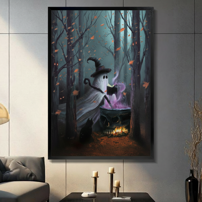 Spooky ghost witch brewing cauldron in dark forest framed wall art in modern living room, Halloween gothic fantasy print with purple magic smoke, black frame poster