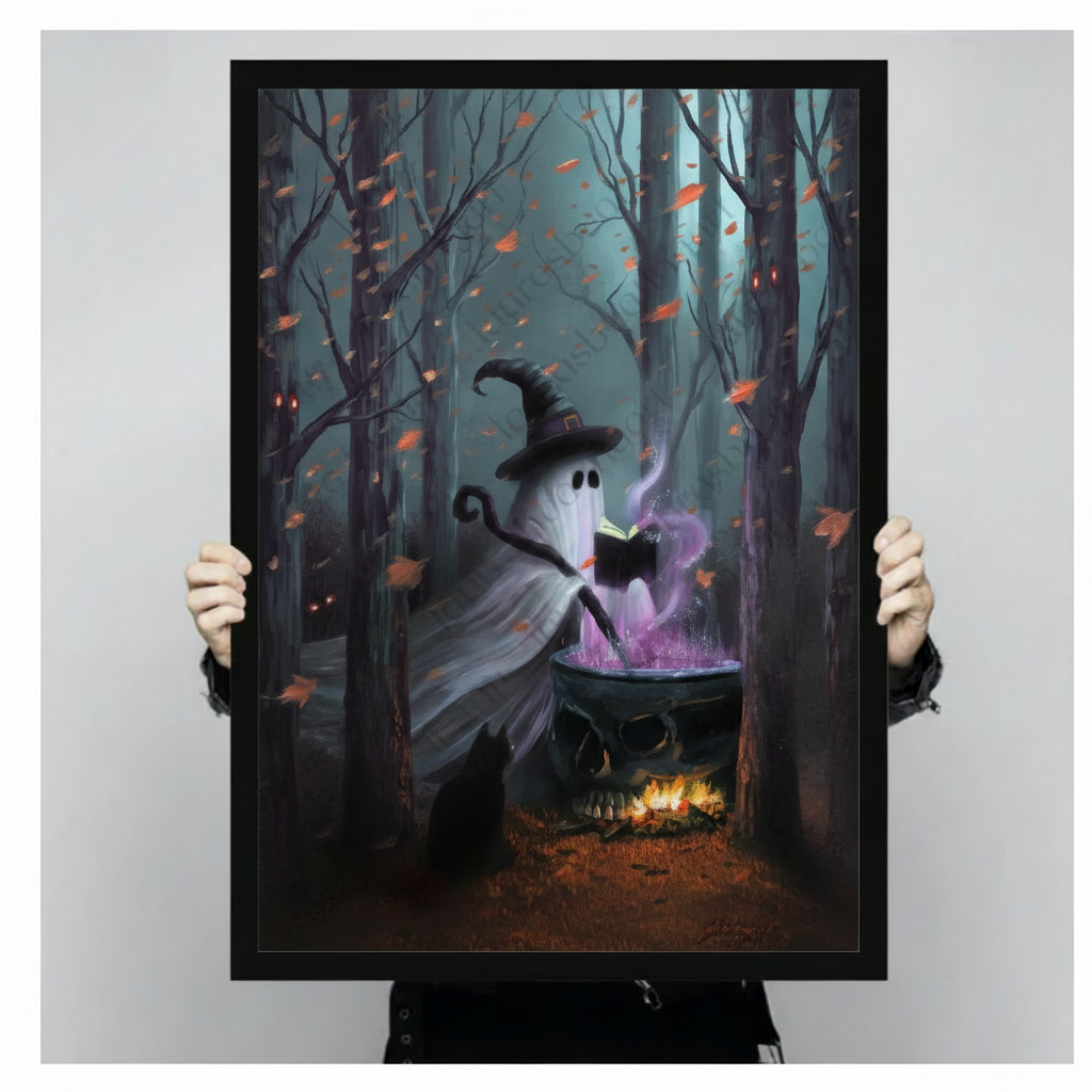 Hand-held close-up of ghost witch brewing cauldron on skull black framed art print, detailed view of purple magic smoke and autumn leaves in dark forest, Halloween gothic wall decor