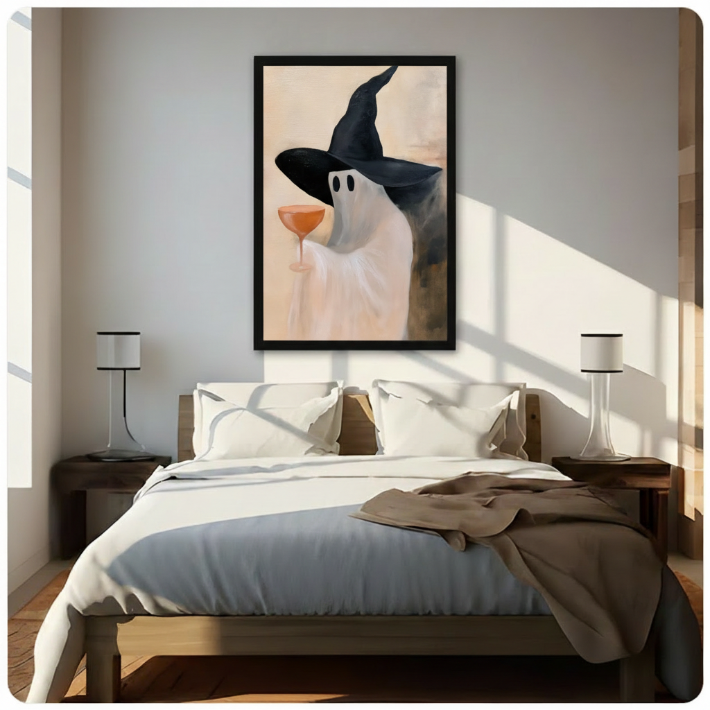 Ghost wearing black witch hat holding orange cocktail glass, framed canvas wall art above wooden bed in modern bedroom with natural sunlight