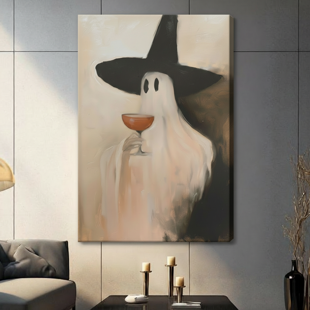 Ghost witch wall art displayed above a console table in a modern living room, showing a white ghost with a cocktail.