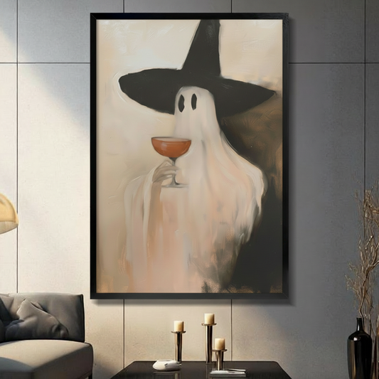  Ghost witch wall art held by both hands, featuring a white ghost in a pointed black hat holding a cocktail glass.