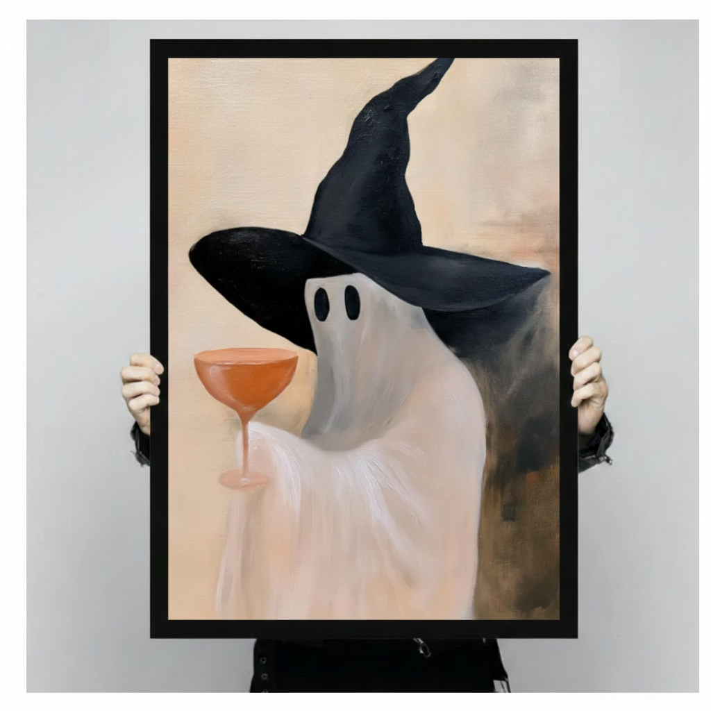 Two hands holding large black framed canvas print of ghost in witch hat raising orange coupe glass, shown against light gray background