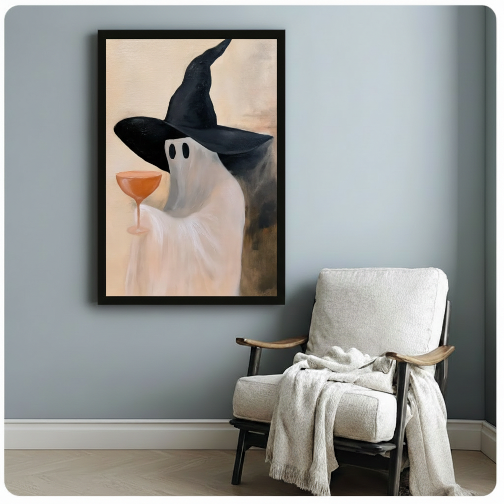 Ghost witch with orange cocktail framed canvas art on blue-gray wall above white linen armchair with draped throw blanket