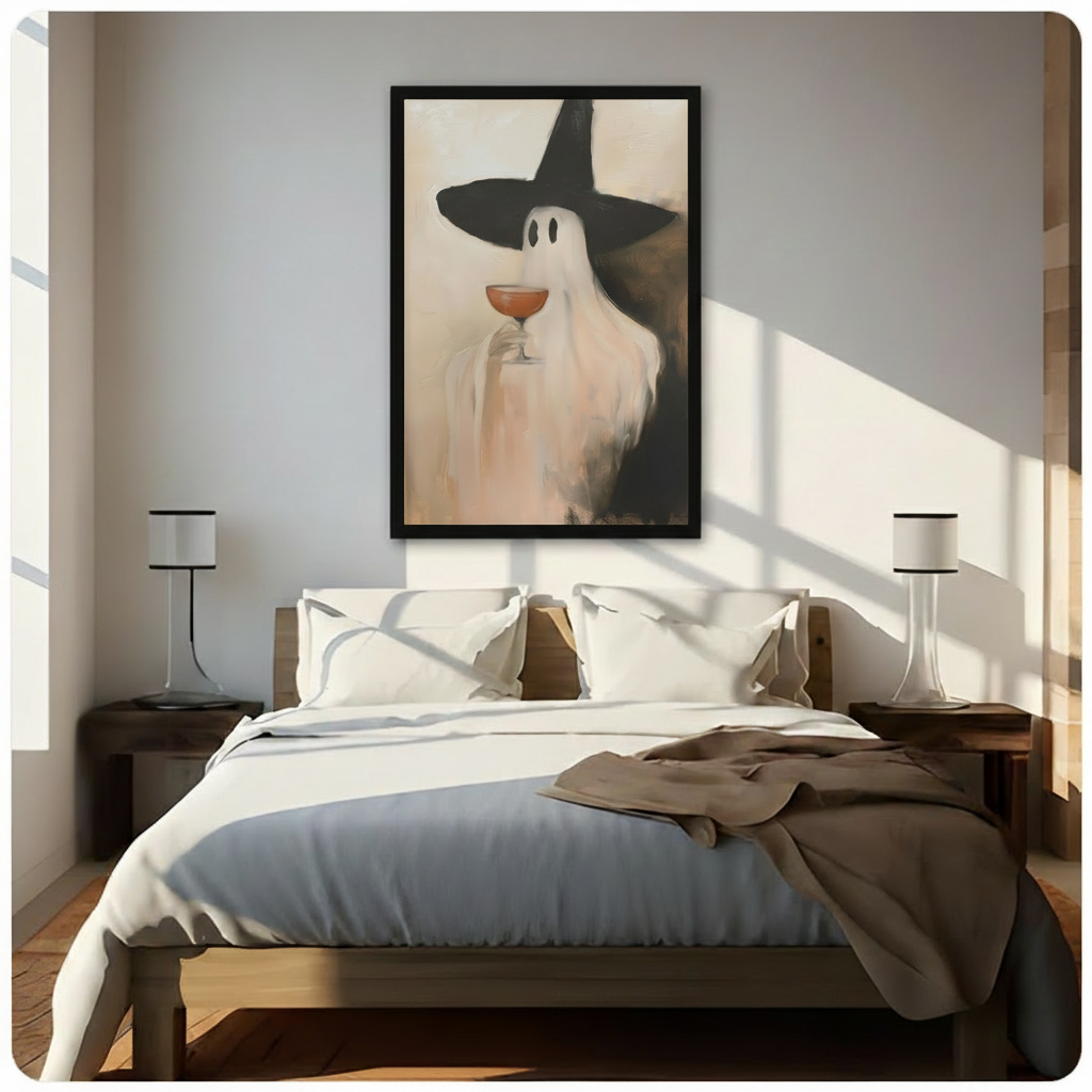 Ghost witch wall art displayed above a bed in a bright bedroom, featuring a white ghost holding a cocktail glass.⠋