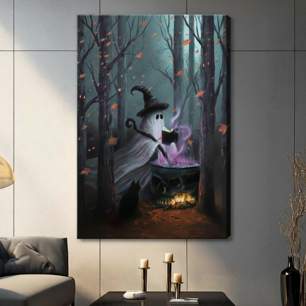 Cute ghost wearing witch hat brewing purple potion in dark forest canvas wall art, Halloween fantasy gallery wrap unframed print for living room decor