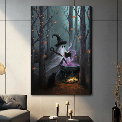 Cute ghost wearing witch hat brewing purple potion in dark forest canvas wall art, Halloween fantasy gallery wrap unframed print for living room decor