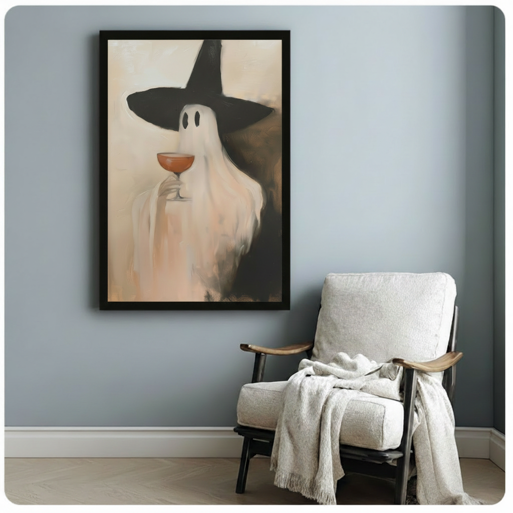 Ghost witch wall art mounted on a blue-gray wall beside a white accent chair and throw blanket.