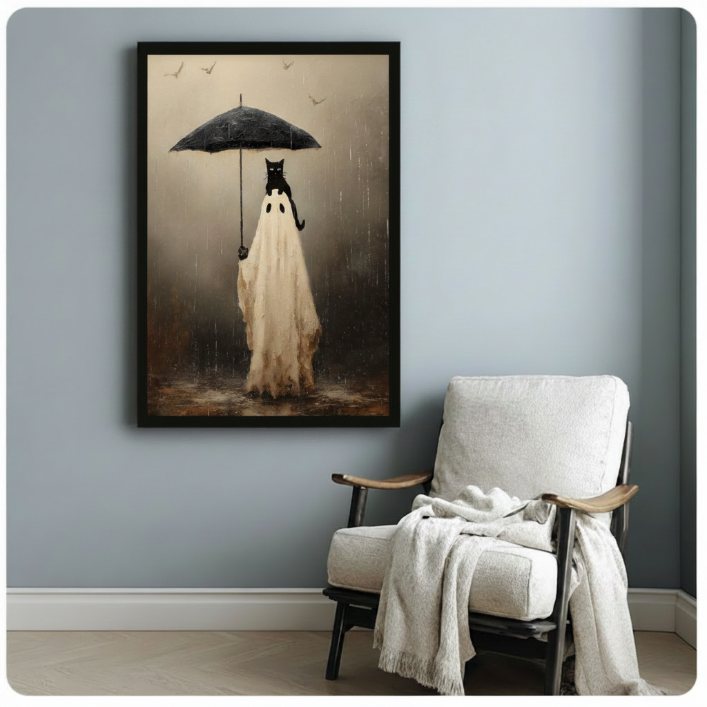 Vintage rainy ghost and cat wall art on blue grey wall beside cozy armchair