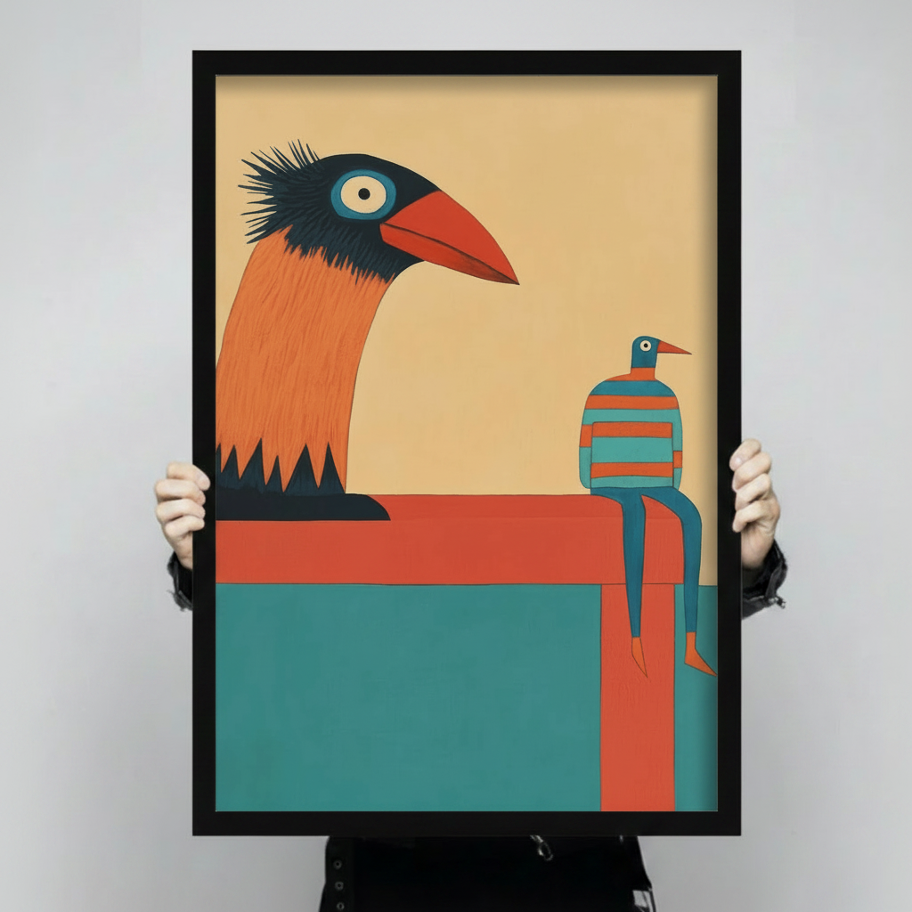 Person holding large black-framed giant bird and birdman retro minimalist art print to show actual poster size and print detail