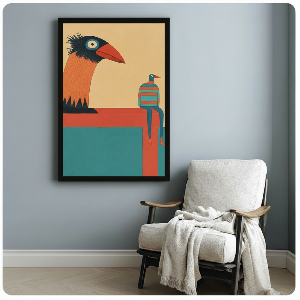 Bold retro giant bird and striped birdman framed wall art print hung above white linen accent chair on blue-grey wall
