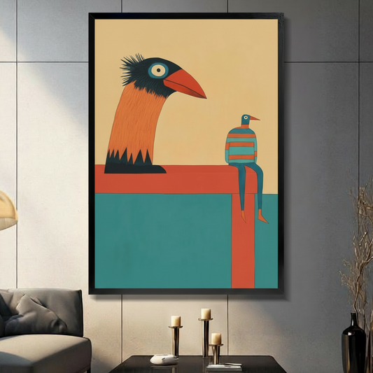 Retro minimalist giant orange bird and small striped birdman illustration in black frame mounted on grey living room wall