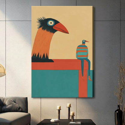 Gallery wrapped canvas of quirky giant bird and seated birdman in teal and orange color block design on living room wall