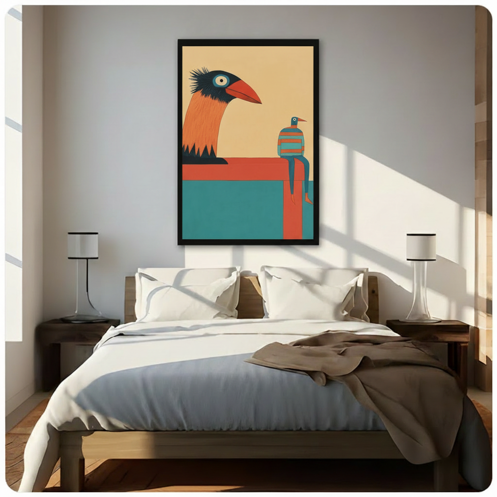 Quirky giant orange bird and seated striped birdman minimalist framed wall art print centered above bed in bright Scandinavian bedroom