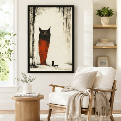 Moody surrealist giant cat forest framed poster beside a Scandinavian armchair, dark fantasy wall art for reading nook or study
