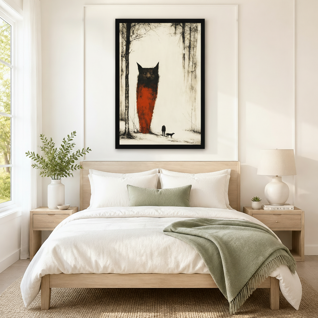 Surreal giant cat in winter forest framed wall art above a neutral bedroom bed, gothic dark fantasy statement print for bedroom decor