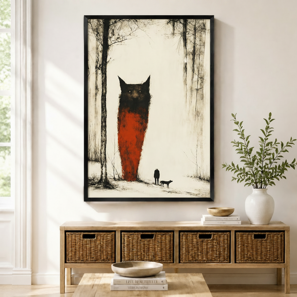 Dark academia giant cat creature in misty forest with tiny man and dog, framed wall art print displayed above a wicker basket sideboard
