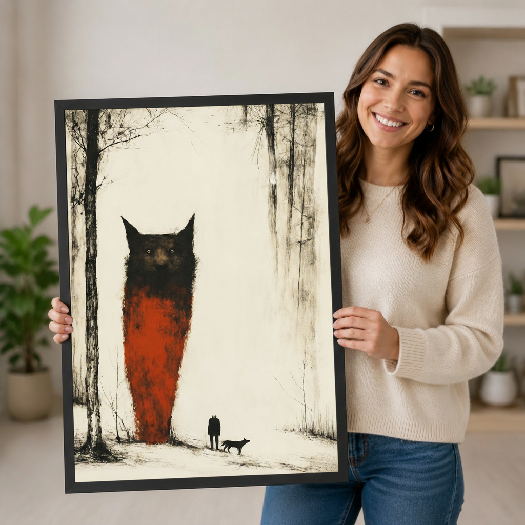 Woman holding large dark academia giant cat forest art print showing size, surreal black and red wall art with man and dog silhouette