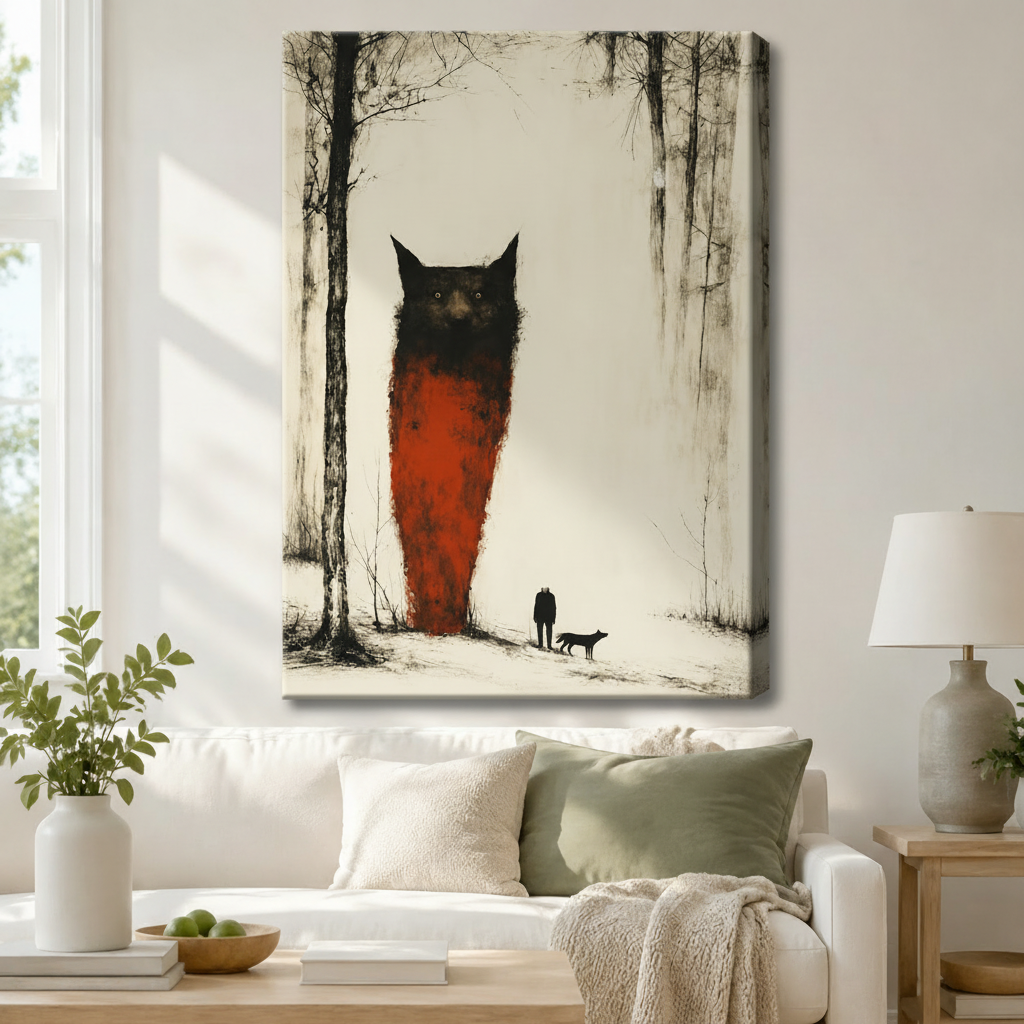 Surreal oversized black cat in red forest canvas wall art hung above a white sofa, gothic dark academia art print for living room