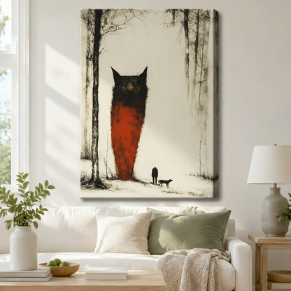 Surreal oversized black cat in red forest canvas wall art hung above a white sofa, gothic dark academia art print for living room
