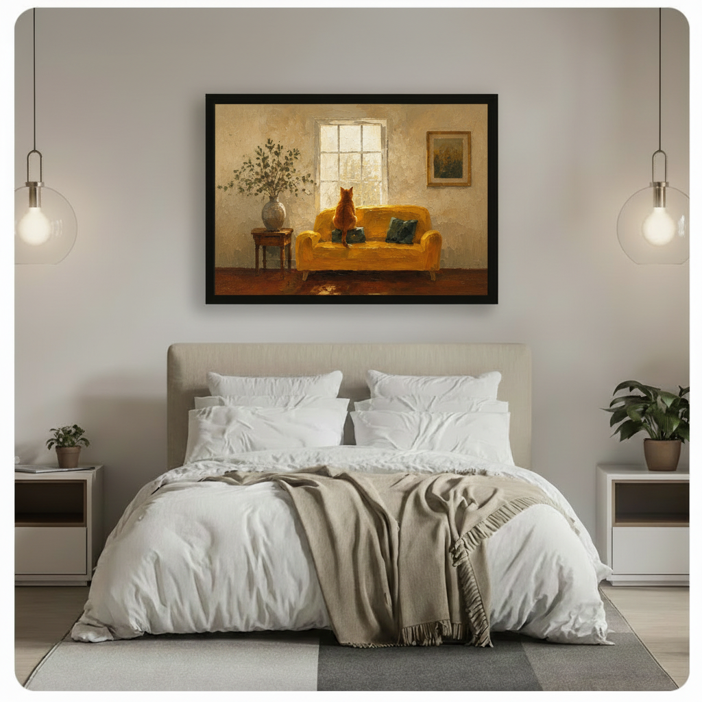 Ginger cat on yellow sofa by window warm oil painting framed wall art print above bed in serene minimalist white bedroom with globe pendant lights