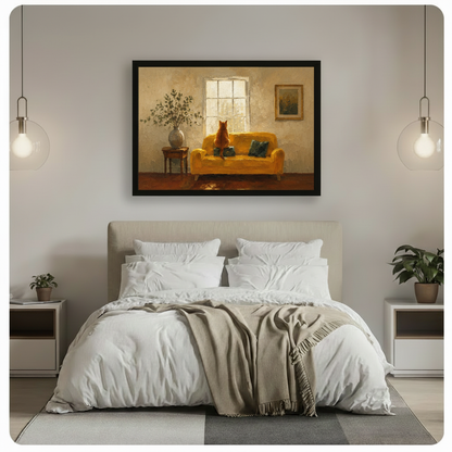 Ginger cat on yellow sofa by window warm oil painting framed wall art print above bed in serene minimalist white bedroom with globe pendant lights