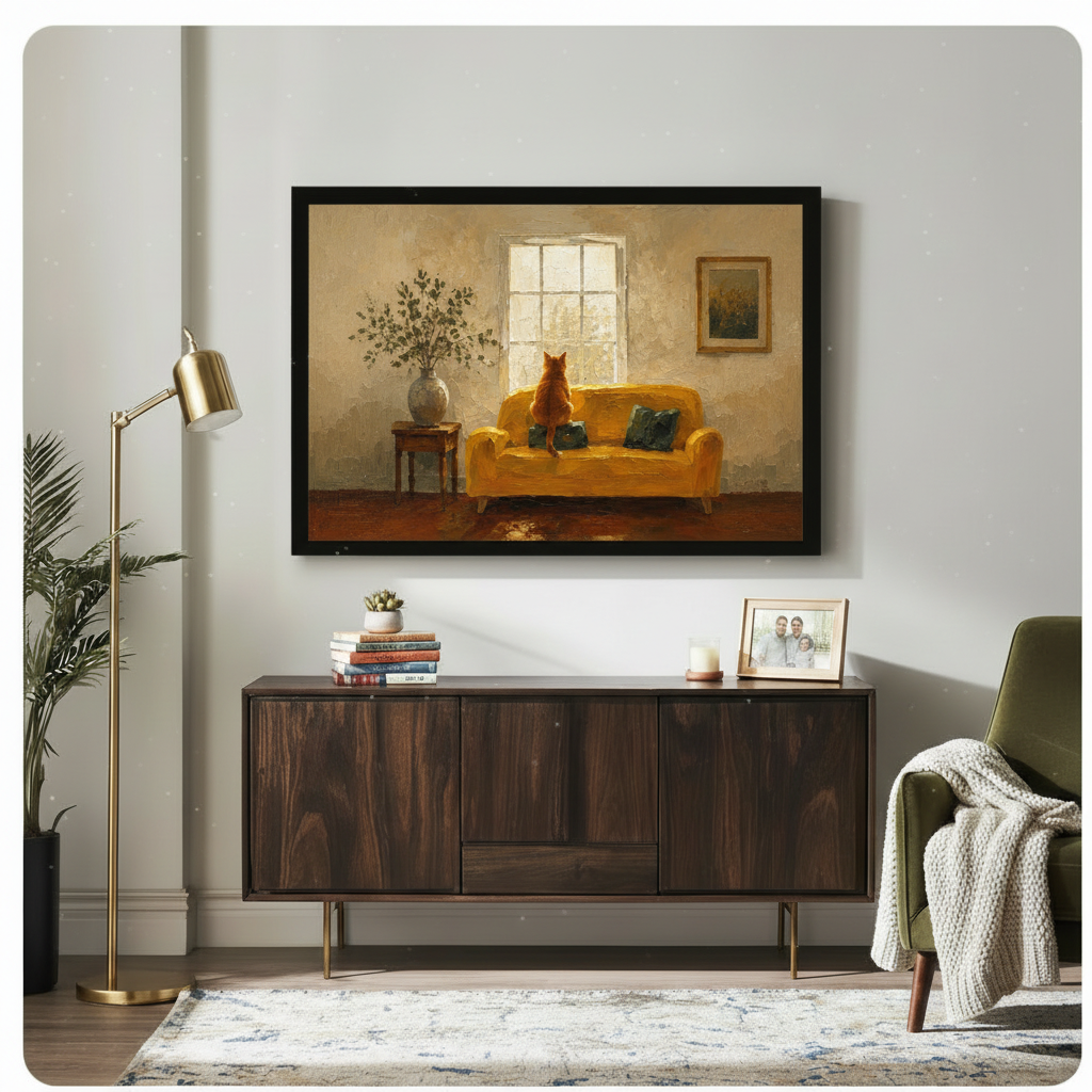 Cozy orange cat on mustard sofa gazing out window impressionist oil painting black framed print above dark walnut sideboard in mid-century modern living room with brass floor lamp