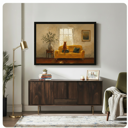 Cozy orange cat on mustard sofa gazing out window impressionist oil painting black framed print above dark walnut sideboard in mid-century modern living room with brass floor lamp