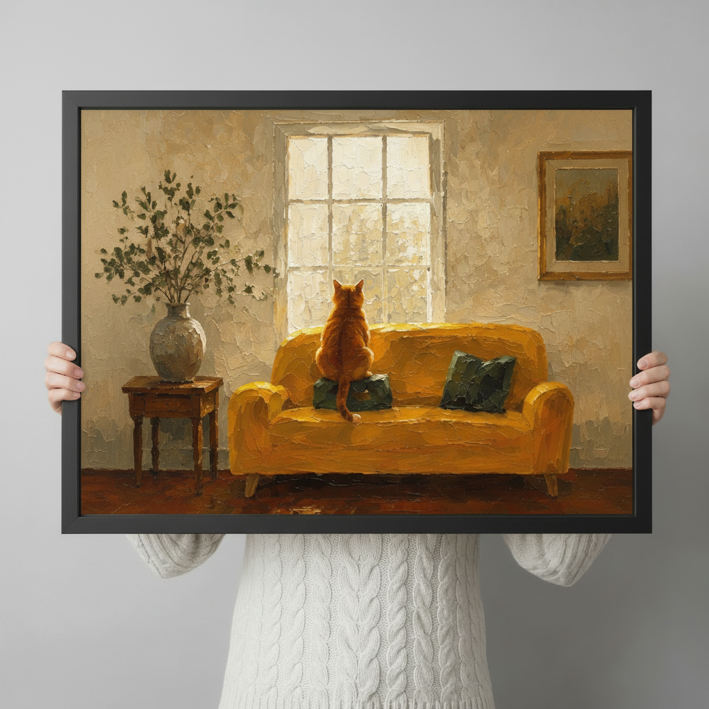 Person in white cable knit sweater holding ginger cat yellow sofa window oil painting black framed print showing size scale reference