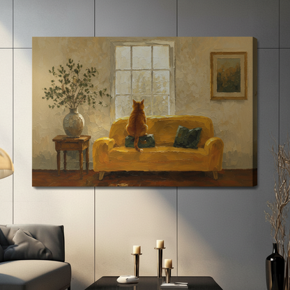 Orange cat on mustard yellow couch looking through window impressionist oil painting canvas wrap print displayed in contemporary grey living room