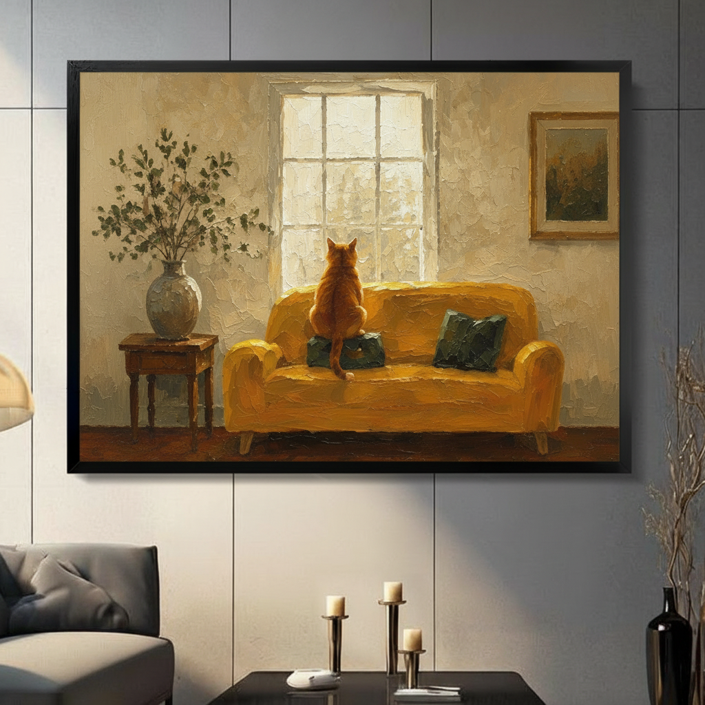 Ginger cat sitting on yellow sofa gazing out window oil painting style black framed wall art print in modern grey living room with candles