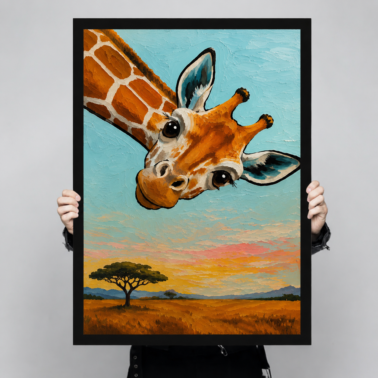 Person holding large giraffe oil painting art print showing full detail of curious giraffe over African savanna landscape