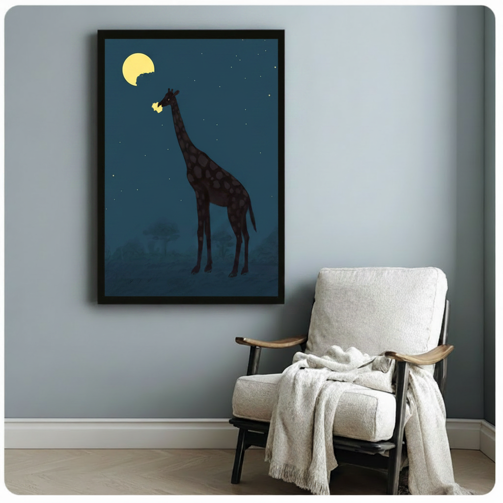 Framed minimalist canvas of a giraffe silhouette reaching toward a yellow moon in a starry sky, styled beside a cozy white armchair on a light blue-grey wall
