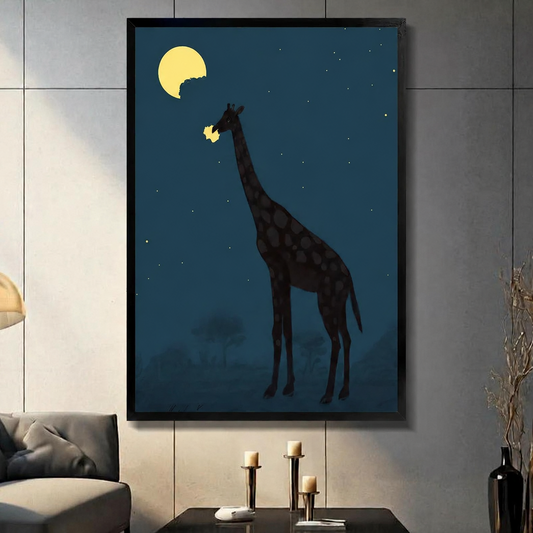 A dark silhouette of a tall giraffe reaching up to nibble on a glowing full moon against a deep teal starry night sky. Minimalist and whimsical animal wall art with a dreamy, celestial atmosphere. Perfect for modern living rooms, nurseries, or creative spaces.