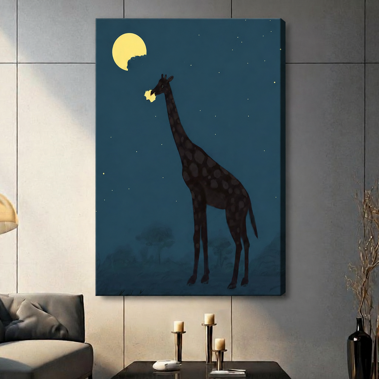 Gallery wrap canvas print of a tall giraffe silhouette nibbling the moon against a deep teal starry night sky, frameless style on dark wall