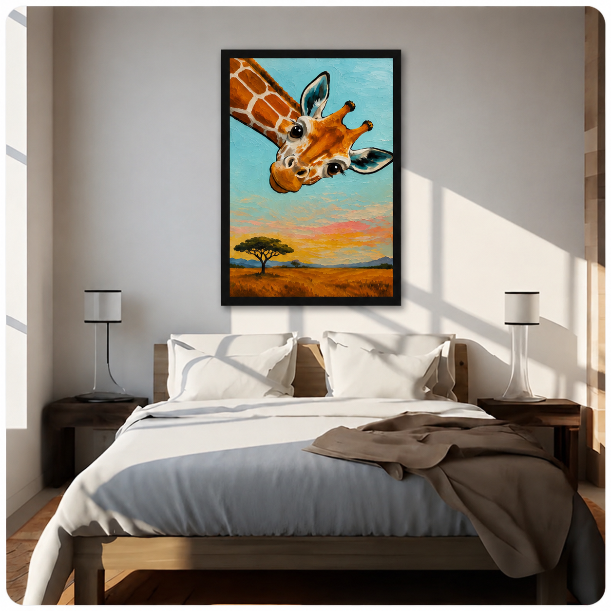 Framed giraffe oil painting wall art hung above bed in bright bedroom, whimsical safari animal canvas print home decor