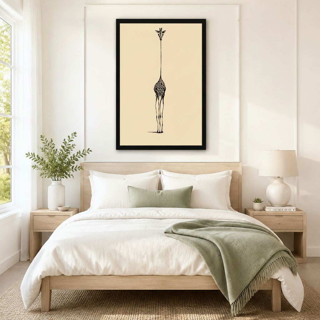 Serene framed minimalist wall art of a black ink giraffe line drawing on a soft beige background, displayed above a neutral white and sage linen bed in a calm Scandinavian bedroom