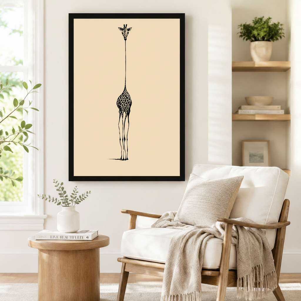 Elegant framed wall art print of a minimalist black ink giraffe silhouette on a warm sand-toned background, styled beside a linen armchair in a cozy Scandinavian reading corner
