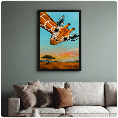 Framed giraffe oil painting art print hung above white sofa on sage green wall, whimsical safari animal home decor