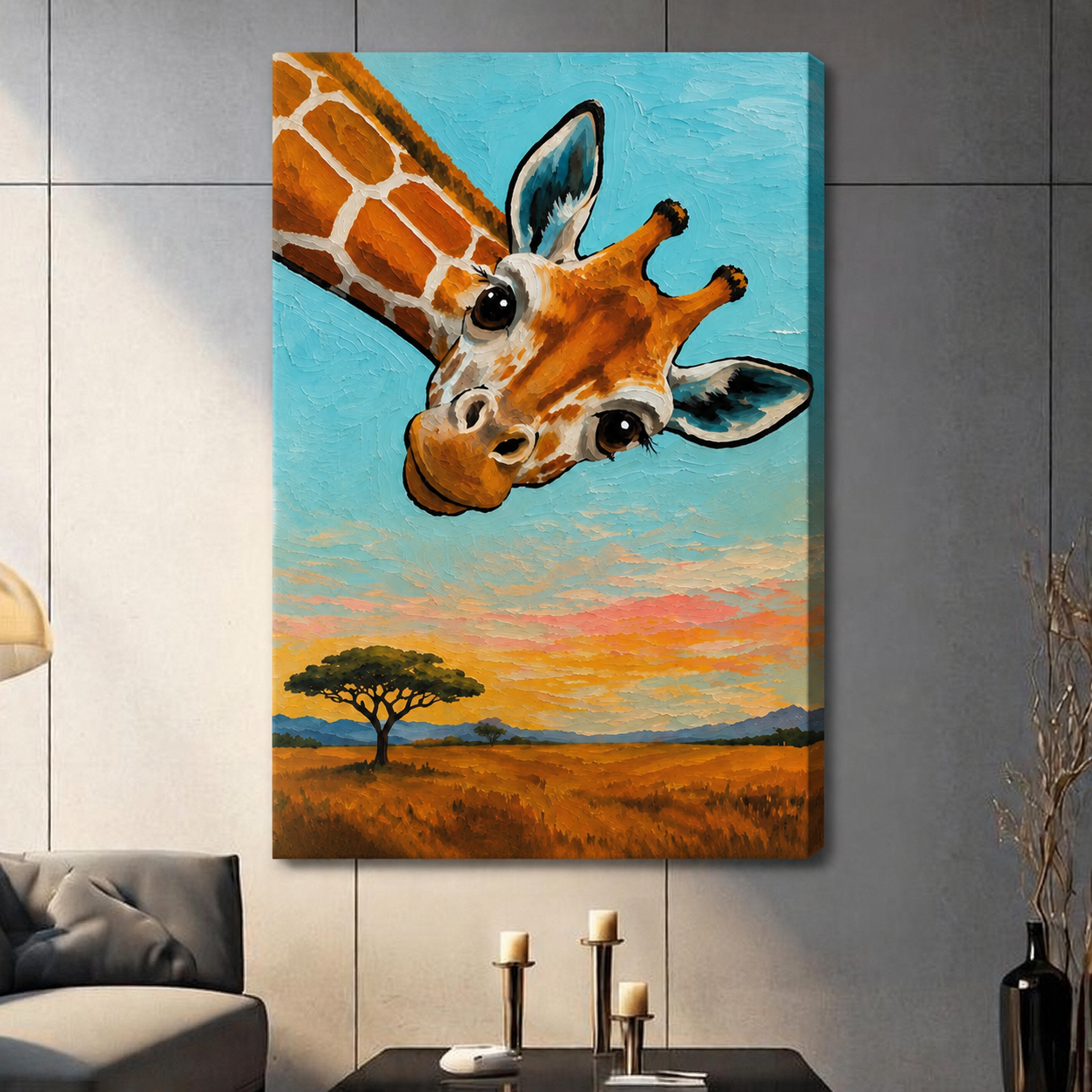 Canvas wrap giraffe wall art featuring a curious giraffe peering down over a golden African savanna at sunset, no frame gallery style