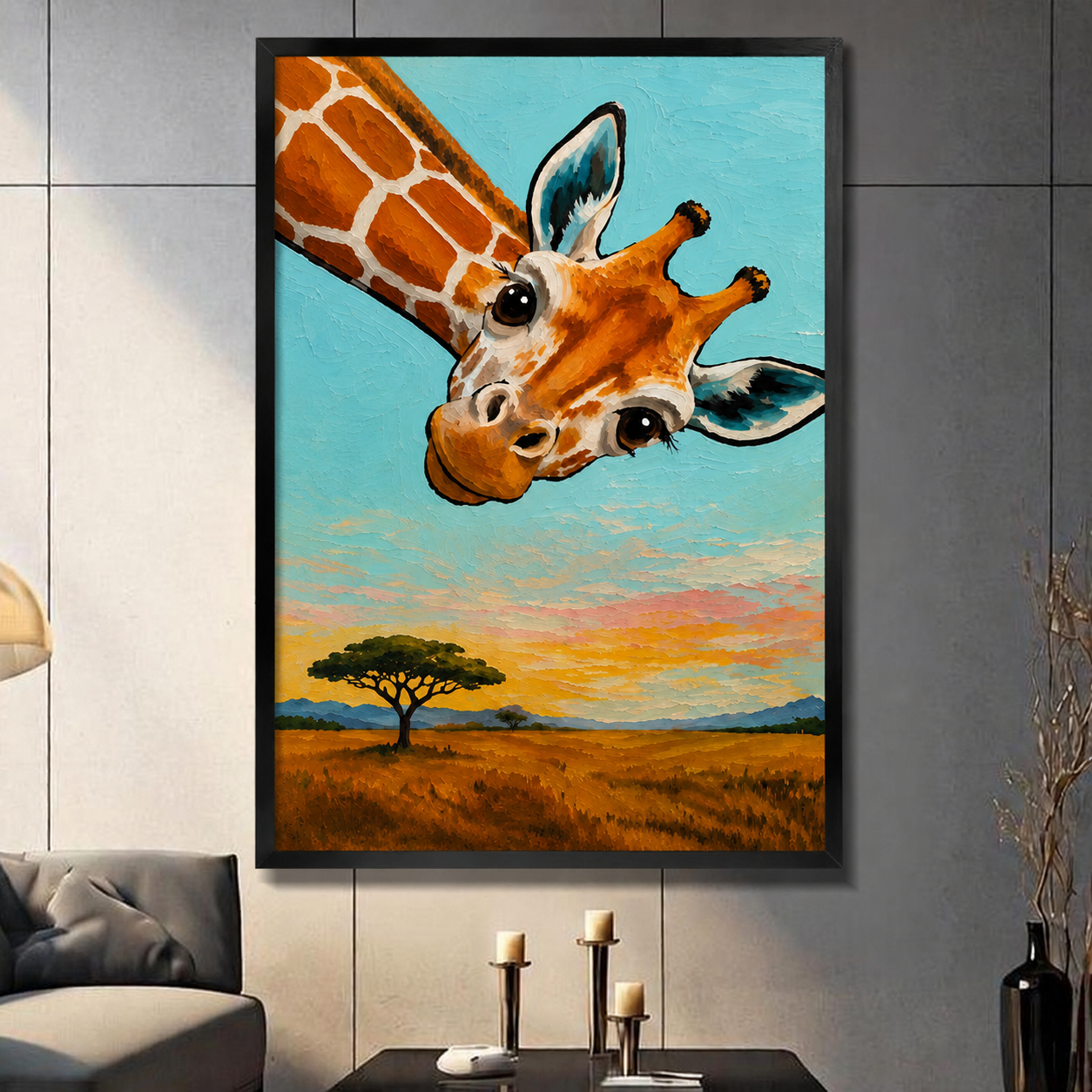 Framed giraffe oil painting wall art with whimsical peeking giraffe over African savanna sunset, displayed in black frame on dark wall