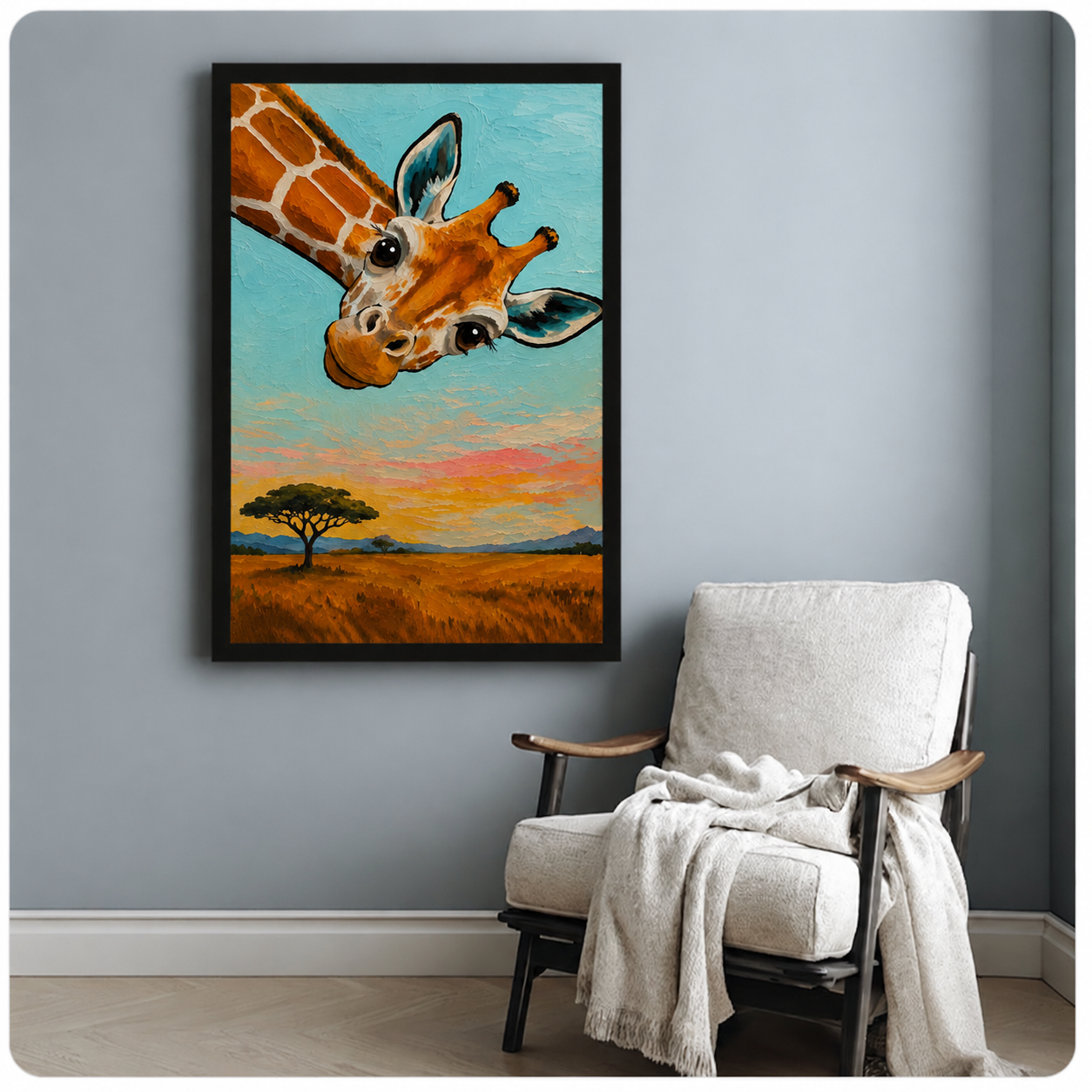 Canvas wrap giraffe wall art featuring a curious giraffe peering down over a golden African savanna at sunset, no frame gallery style