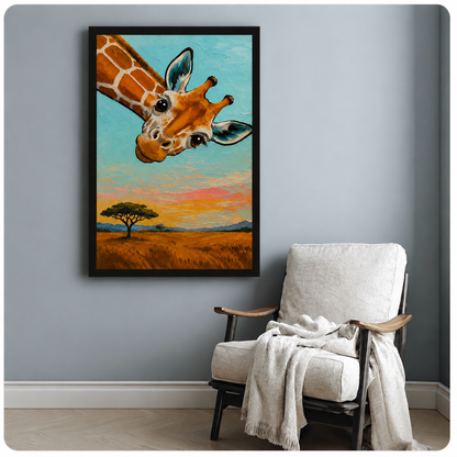 Canvas wrap giraffe wall art featuring a curious giraffe peering down over a golden African savanna at sunset, no frame gallery style