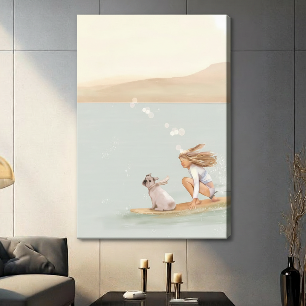 Canvas wrap wall art featuring a free-spirited girl with windswept hair and a French bulldog riding a surfboard on a calm pastel ocean
