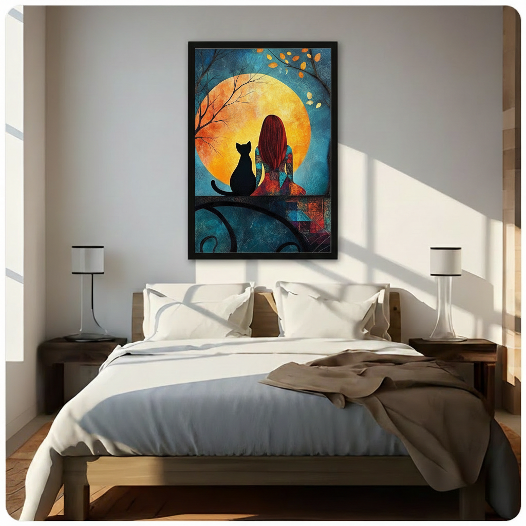 Girl and black cat on iron railing under glowing full moon framed wall art above bed in bright Scandinavian bedroom