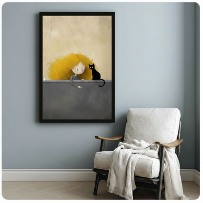 Black framed whimsical illustration curly golden hair girl and black cat peeking over grey wall canvas print beside white linen armchair on blue-grey wall - playful girl with black cat and white mouse wall art on warm beige background for reading nook or bedroom decor